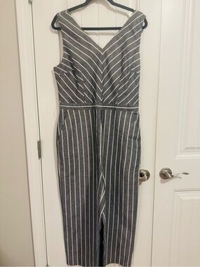 LOFT Light Gray and White Striped Sleeveless Jumpsuit